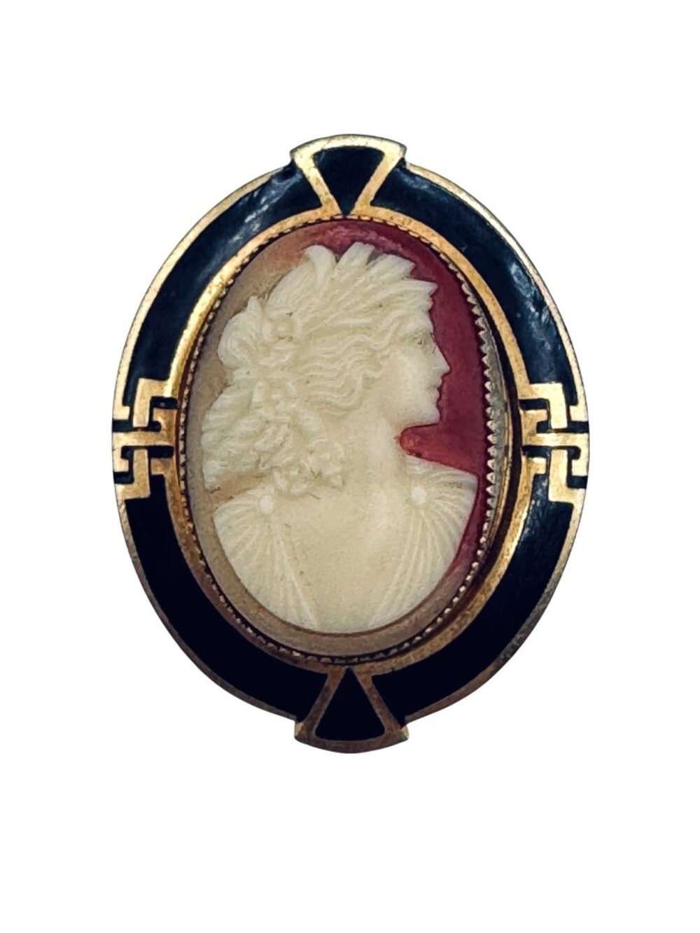 Vintage Cameo Art Deco Brooch 12k GF Frame Greek Key Border Gold w/ Black Enamel
